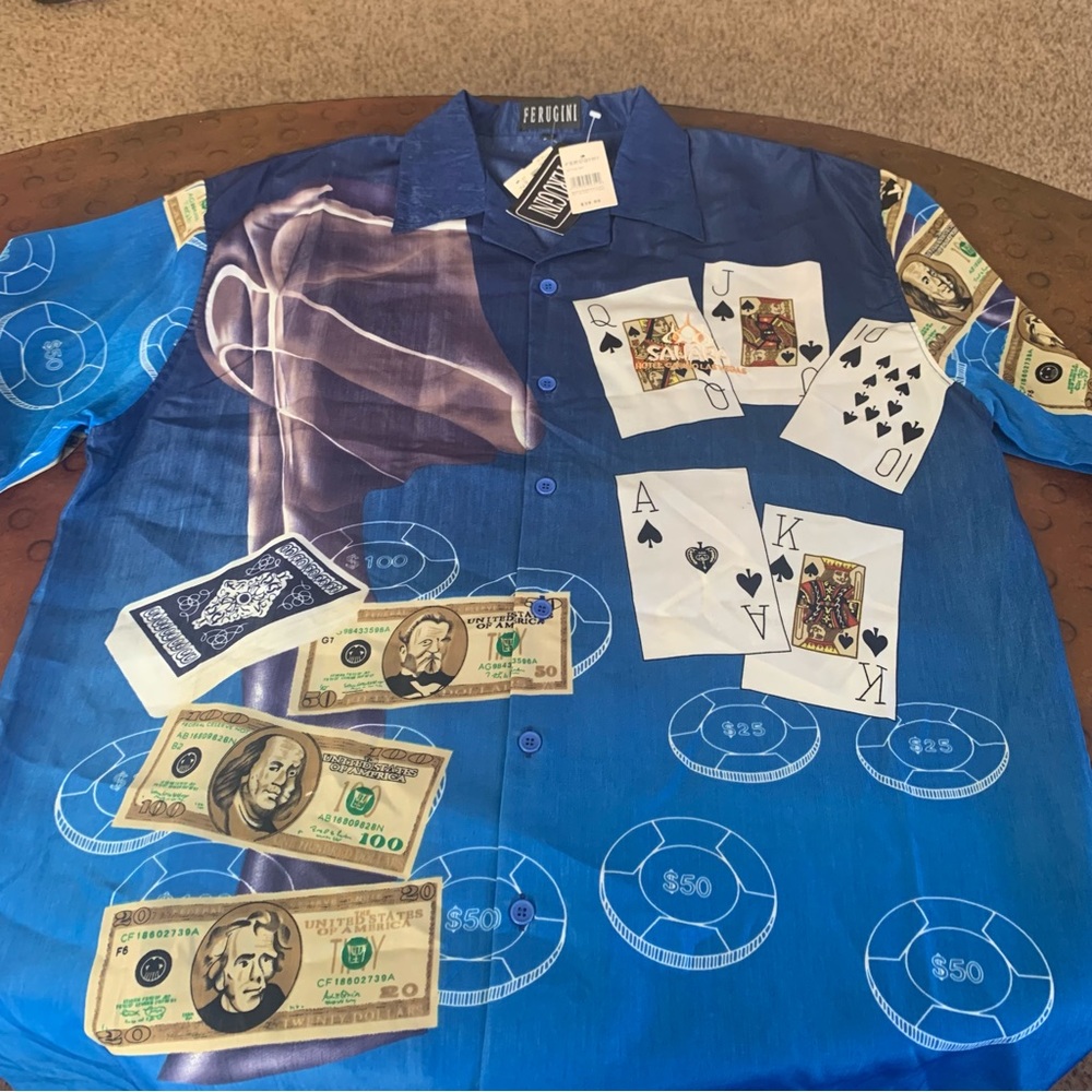 VTG Ferugini Mens Shirt XXL Blue 2 Sided Print Camp Collar Poker Gambler Cards